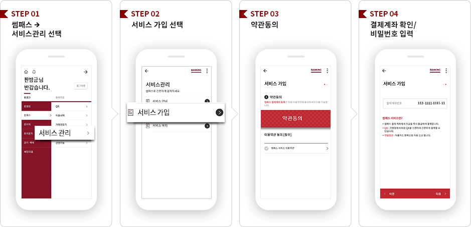 step1. 썸패스 서비스관리 선택 step2.서비스가입선택 step3. 약관동의 step4. 결제계좌확인/비밀번호 입력